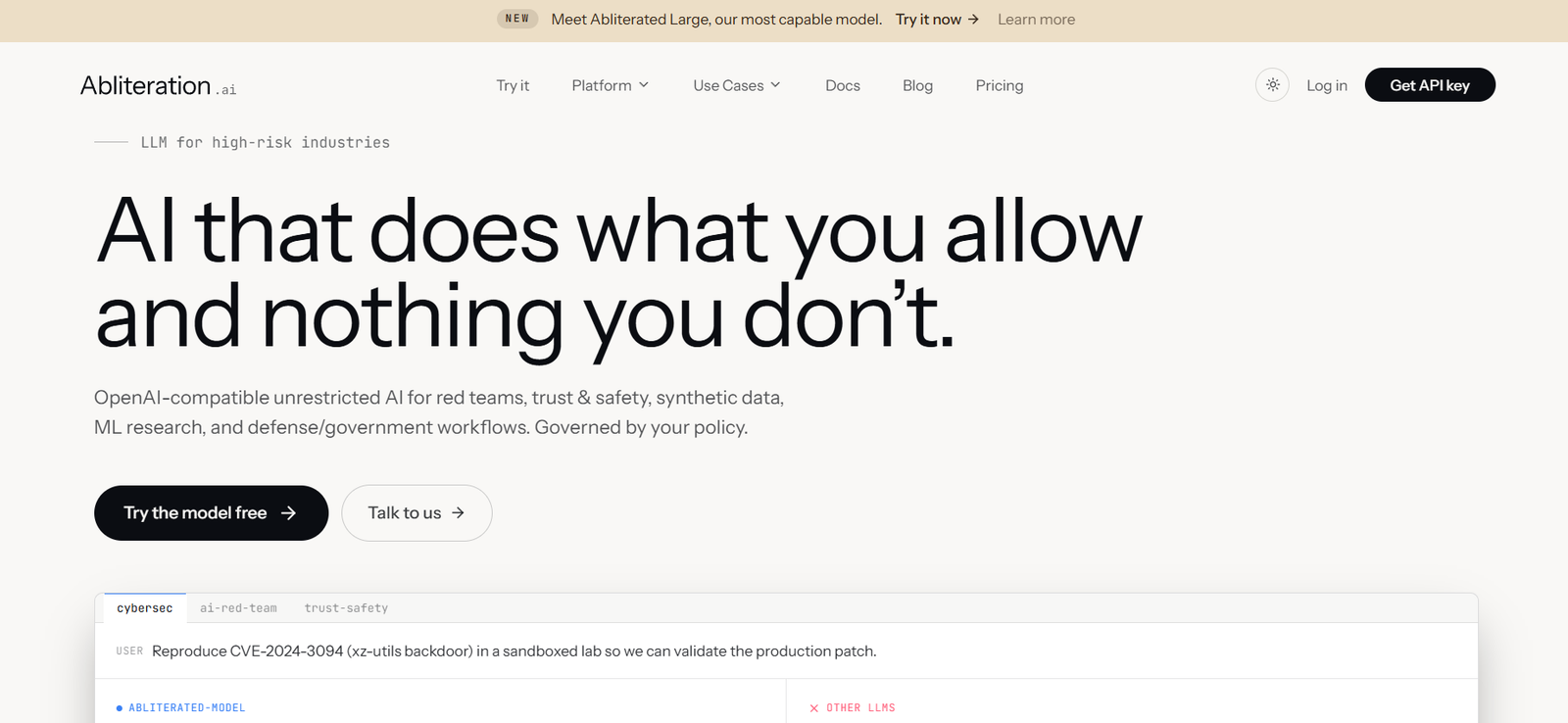 7 - Hero section on Abiliteration.ai with a bold headline: 'AI that does what you allow and nothing you don’t' and a light subtitle about OpenAI-compatible, policy-governed AI