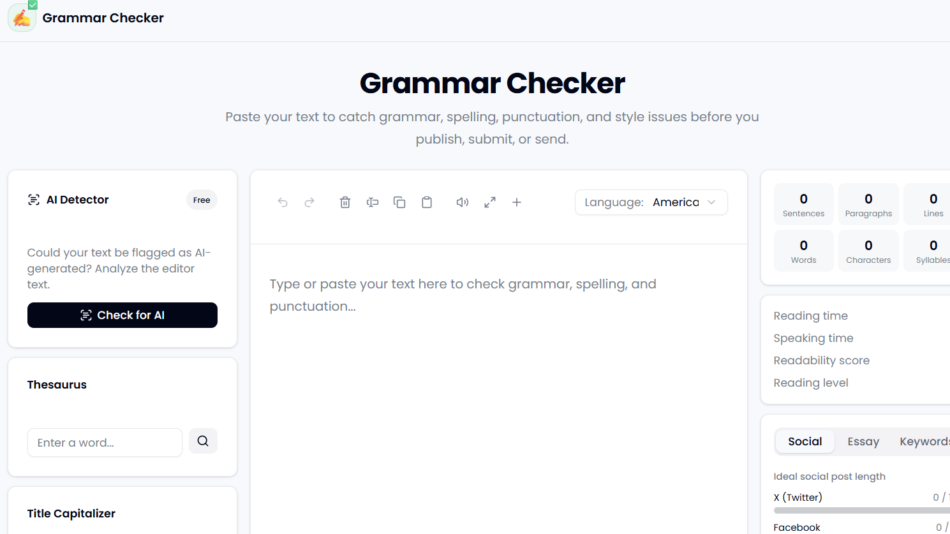 7 - Grammar Checker app UI: toolbar, large text area, and left tools (AI Detector, Thesaurus, Title Capitalizer) with right-side stats panels in a pale blue interface.