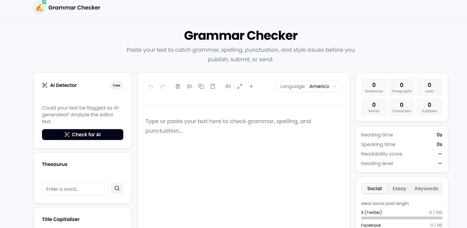 7 - Grammar Checker app UI: toolbar, large text area, and left tools (AI Detector, Thesaurus, Title Capitalizer) with right-side stats panels in a pale blue interface.