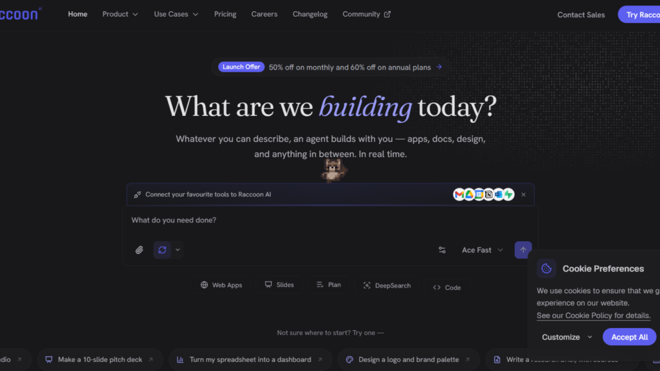 70 - Dark homepage hero with the headline 'What are we building today?' where 'building' is blue and italic, header navigation above, dotted background, and a cookie panel bottom right.