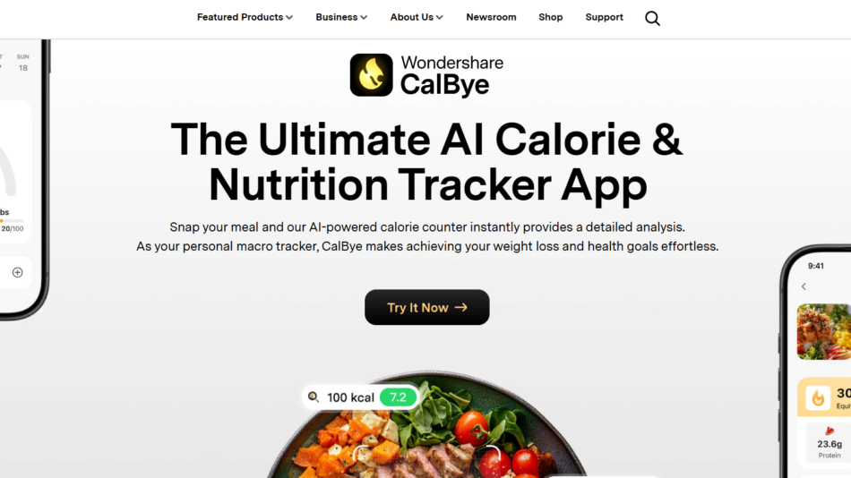 8 - Hero section for Wondershare CalBye: bold headline announcing an AI calorie and nutrition tracker, with phone screens on both sides.