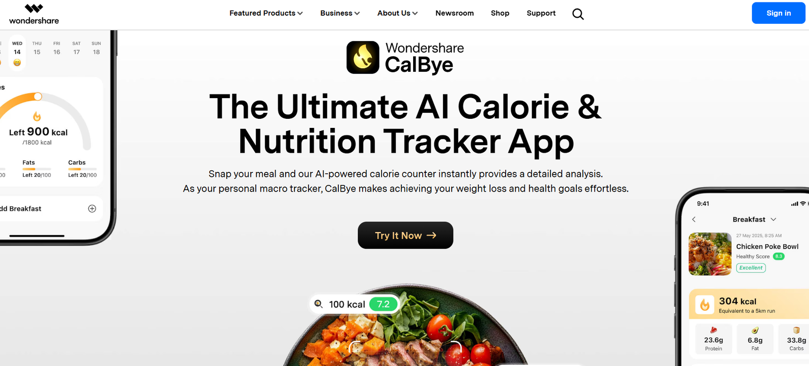 8 - Hero section for Wondershare CalBye: bold headline announcing an AI calorie and nutrition tracker, with phone screens on both sides.