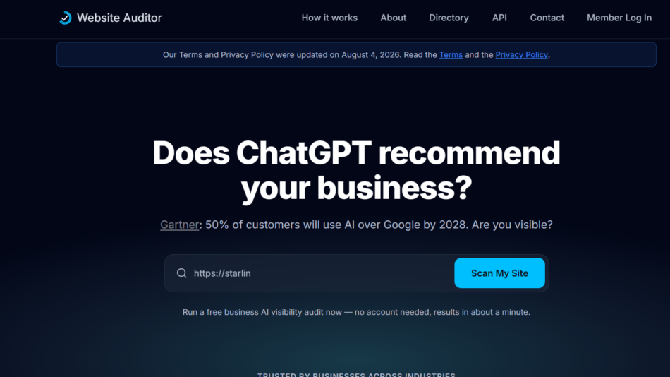 8 - Hero section with dark gradient background showing the headline 'Does ChatGPT recommend your business?' and a blue 'Scan My Site' button beside a search field.