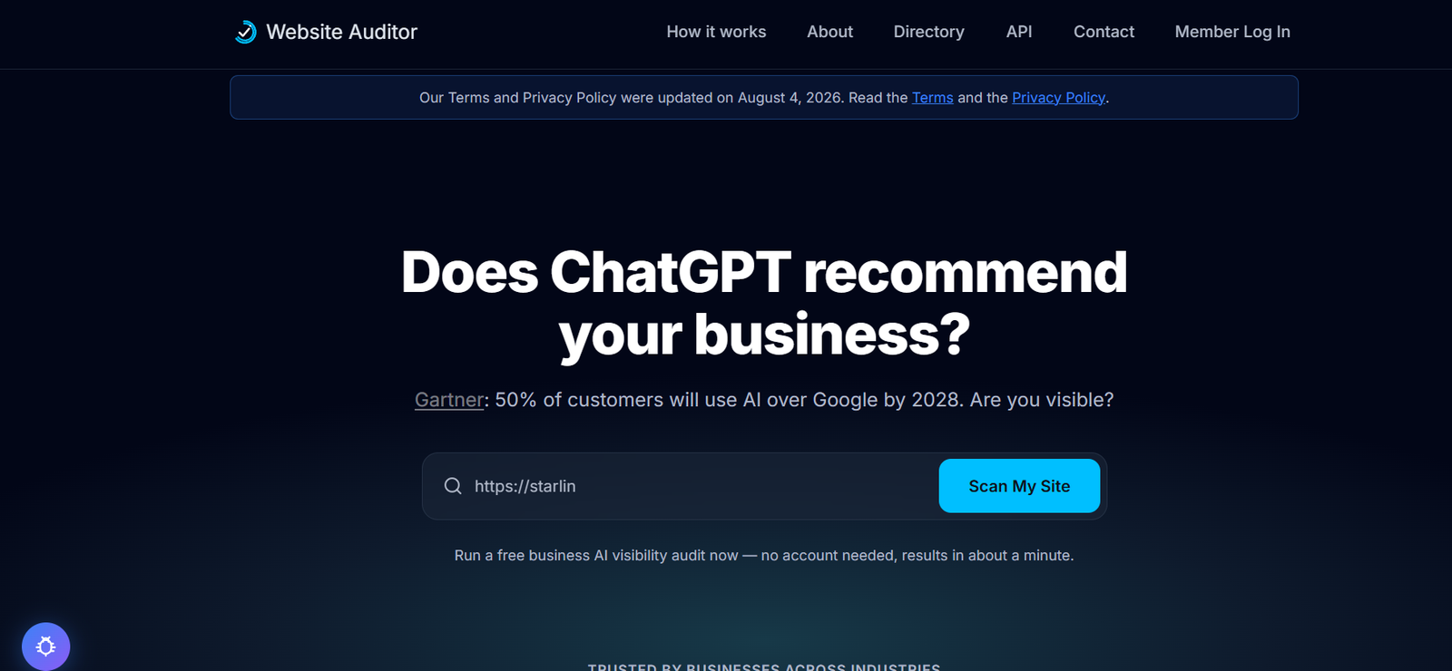 8 - Hero section with dark gradient background showing the headline 'Does ChatGPT recommend your business?' and a blue 'Scan My Site' button beside a search field.