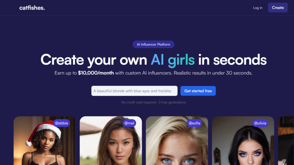 Hero section of a dark blue landing page: bold headline 'Create your own AI girls in seconds', input field with 'Get started free' button, and sample avatar cards below.