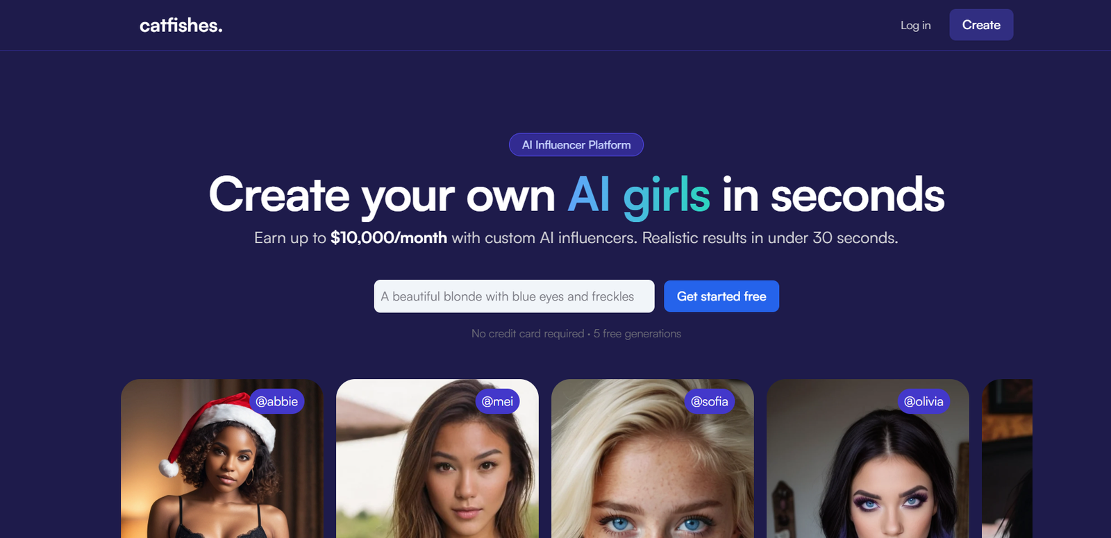 Hero section of a dark blue landing page: bold headline 'Create your own AI girls in seconds', input field with 'Get started free' button, and sample avatar cards below.