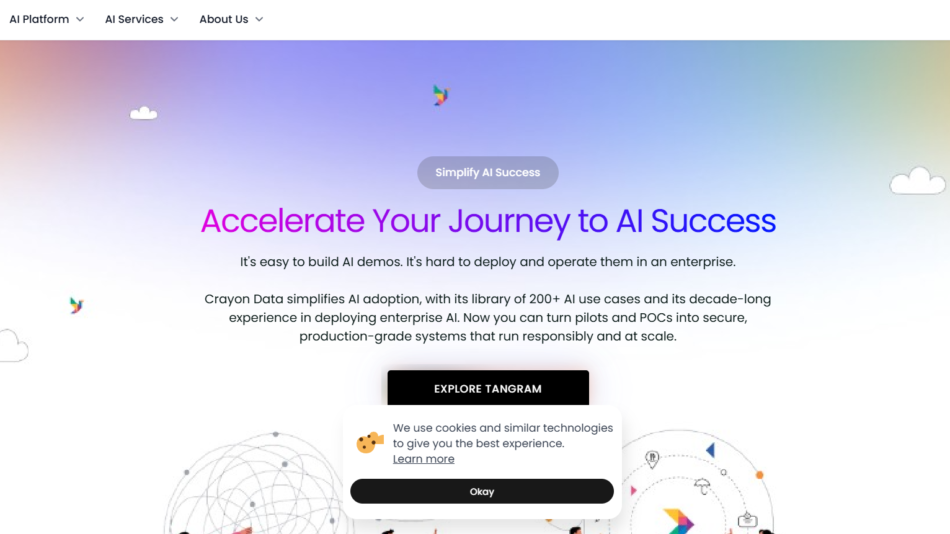 Hero banner with gradient background and Crayon logo; large headline 'Accelerate Your Journey to AI Success' and a dark 'EXPLORE TANGRAM' button in the center