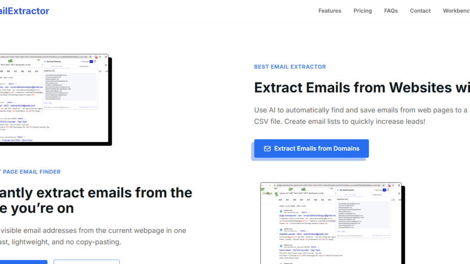 Header with MyEmailExtractor logo and navigation; hero announces AI-based email extraction with a blue CTA button on the right