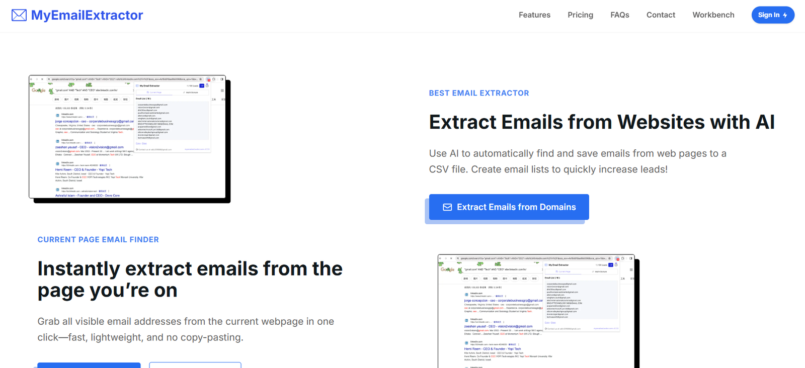 8 - Header with MyEmailExtractor logo and navigation; hero announces AI-based email extraction with a blue CTA button on the right