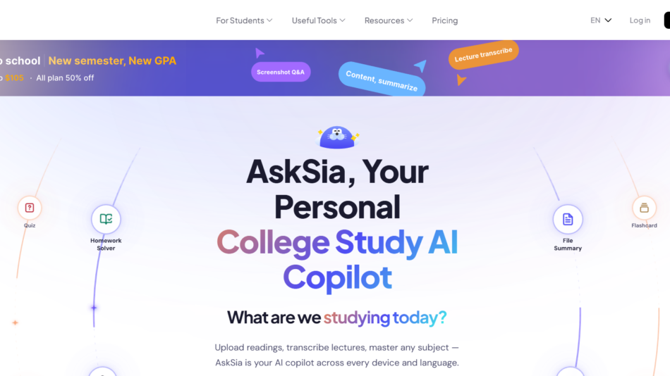 AskAsia homepage hero featuring the slogan 'AskAsia, Your Personal College Study AI Copilot' with 'What are we studying today?' on a light gradient background and decorative icons along the sides.