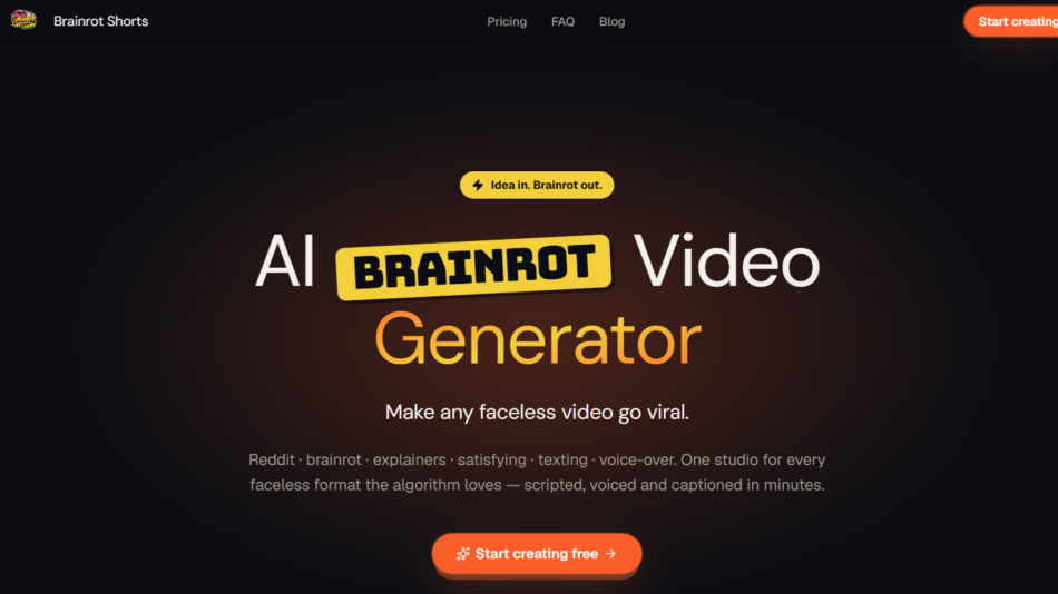9 - Hero banner for Brainrot Shorts: AI Brainrot Video Generator with a glowing dark gradient background and an orange Start creating button.