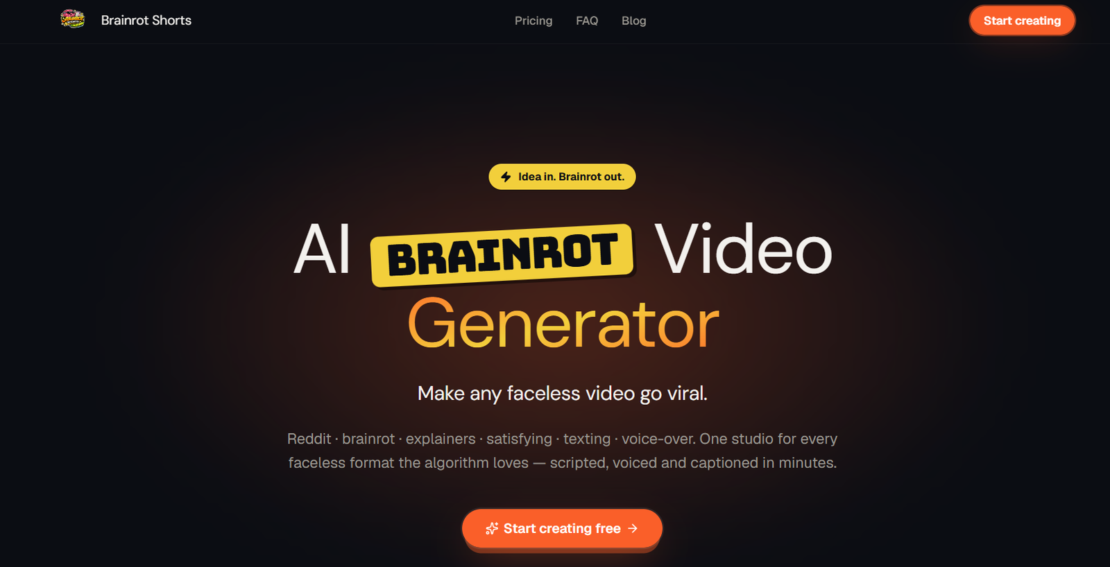 9 - Hero banner for Brainrot Shorts: AI Brainrot Video Generator with a glowing dark gradient background and an orange Start creating button.