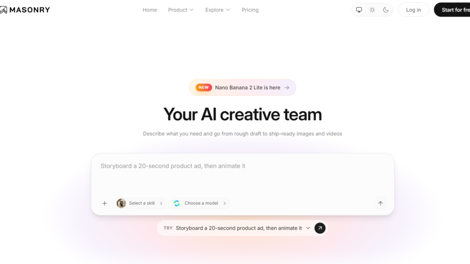 9 - Hero section for Masonry: headline 'Your AI creative team' with a pale gradient card and action pills showing storyboard prompts.