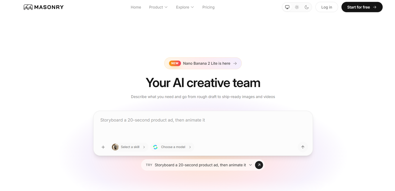 9 - Hero section for Masonry: headline 'Your AI creative team' with a pale gradient card and action pills showing storyboard prompts.