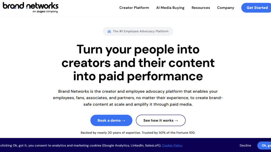 Hero section with bold headline about turning people into creators and two CTAs: 'Book a demo' and 'See how it works'.