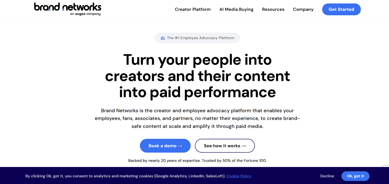 Hero section with bold headline about turning people into creators and two CTAs: 'Book a demo' and 'See how it works'.