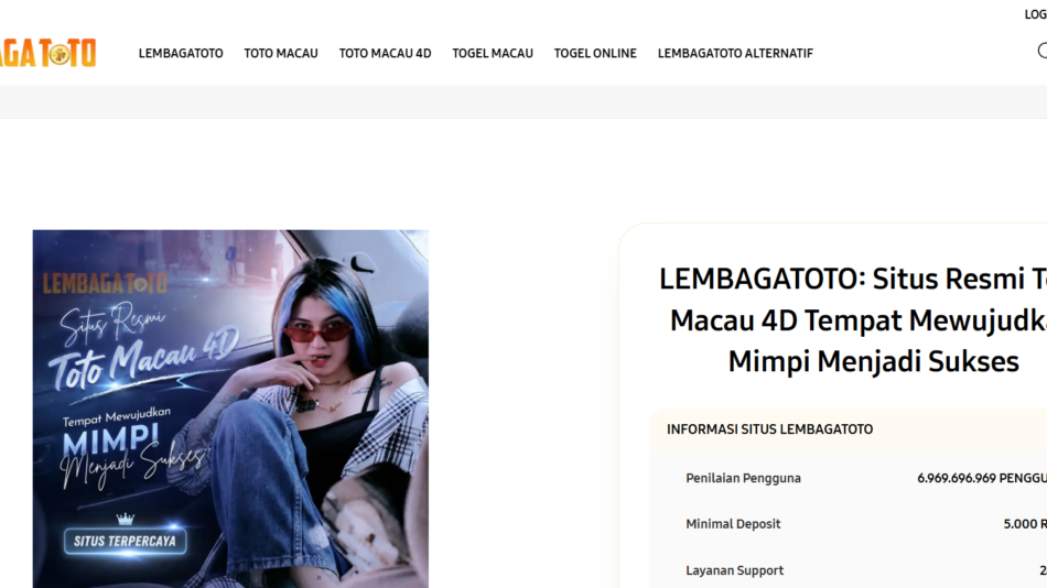 Poster promoting Situs Resmi Toto Macau 4D featuring a person in a car with blue hair and red sunglasses, text includes 'Situs Resmi Toto Macau 4D' and 'Mimpi Menjadi Sukses'