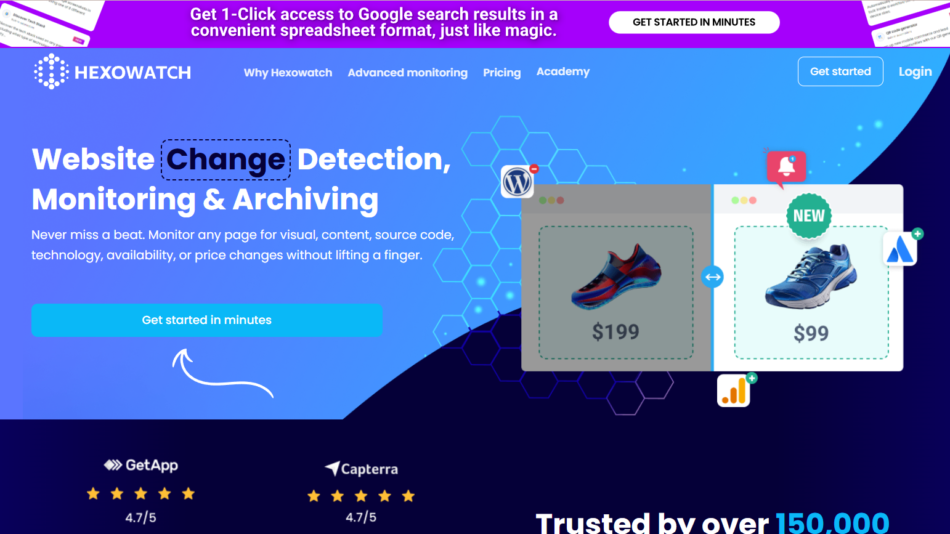 Hexowatch homepage hero: blue gradient banner with logo and navigation, bold headline 'Website Change Detection, Monitoring & Archiving', subhead, and a 'Get started in minutes' CTA with a product comparison illustration on the right.