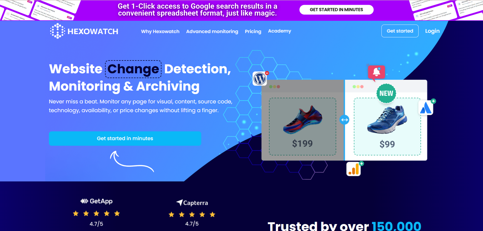9 - Hexowatch homepage hero: blue gradient banner with logo and navigation, bold headline 'Website Change Detection, Monitoring & Archiving', subhead, and a 'Get started in minutes' CTA with a product comparison illustration on the right.
