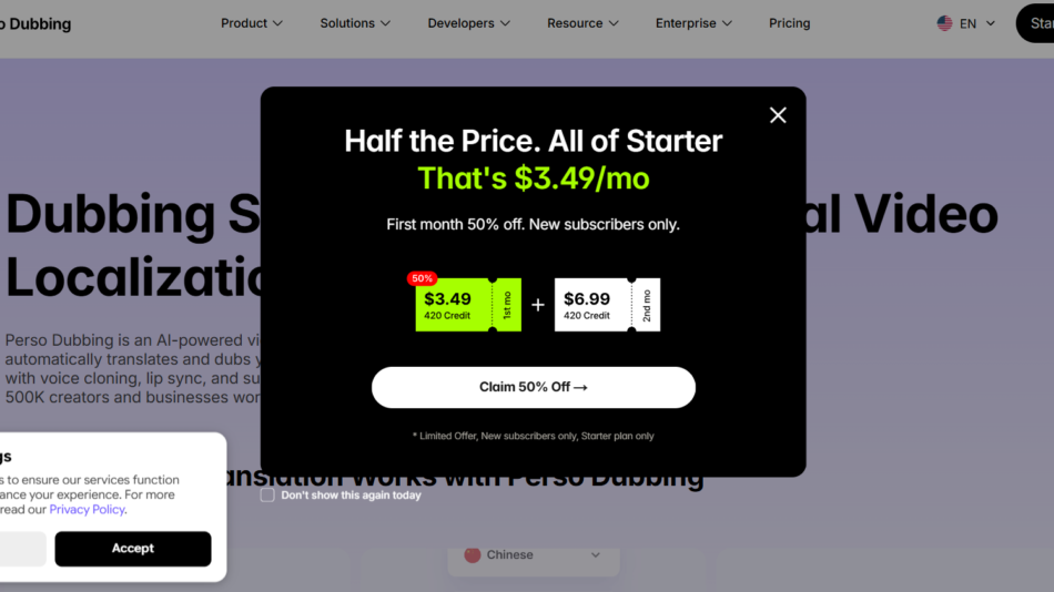 Black promo modal over a lavender homepage, highlighting $3.49/mo and a big 'Claim 50% Off' button with two price cards nearby.