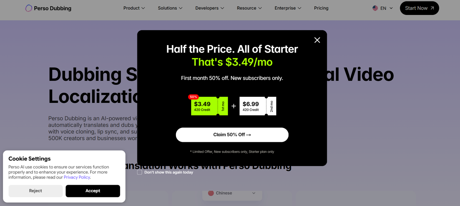 9 - Black promo modal over a lavender homepage, highlighting $3.49/mo and a big 'Claim 50% Off' button with two price cards nearby.