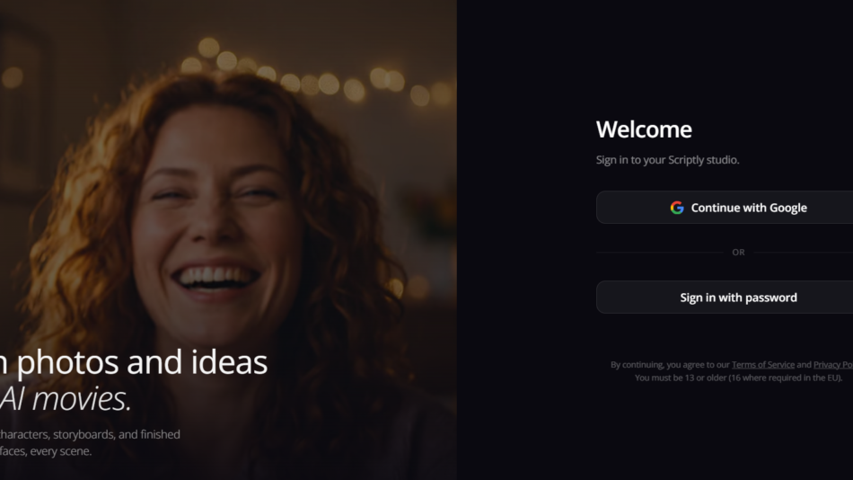 9 - Split-screen hero: left side shows a smiling woman with warm bokeh lights; right side features a dark sign-in panel with 'Welcome' and Google/ password options.