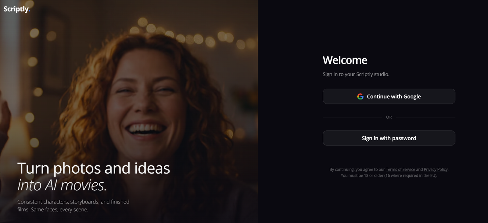 9 - Split-screen hero: left side shows a smiling woman with warm bokeh lights; right side features a dark sign-in panel with 'Welcome' and Google/ password options.